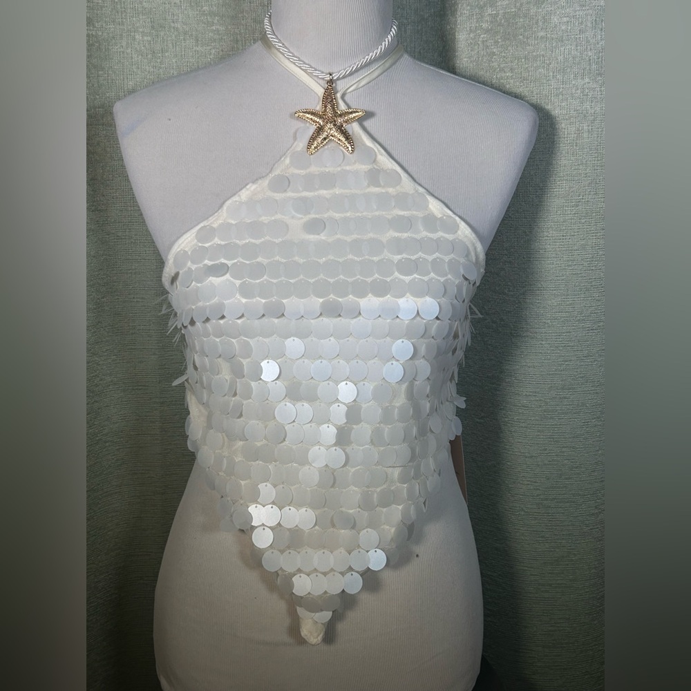 White Sequin Halter Crop Top